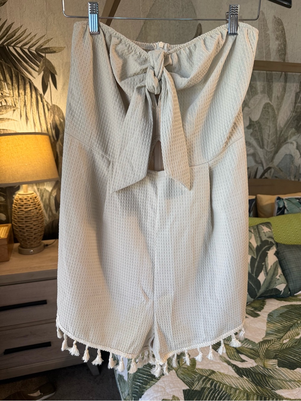 Tassel-Hem Cream Strapless Romper